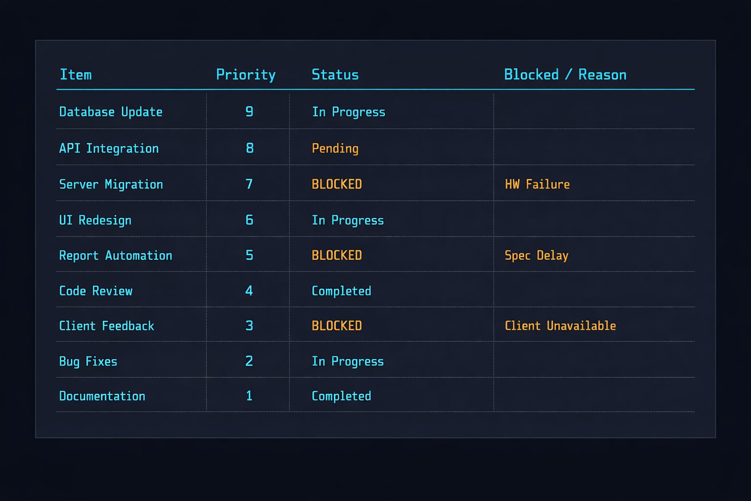 What would advance this build, ranked, with the receipt for every item currently stalled