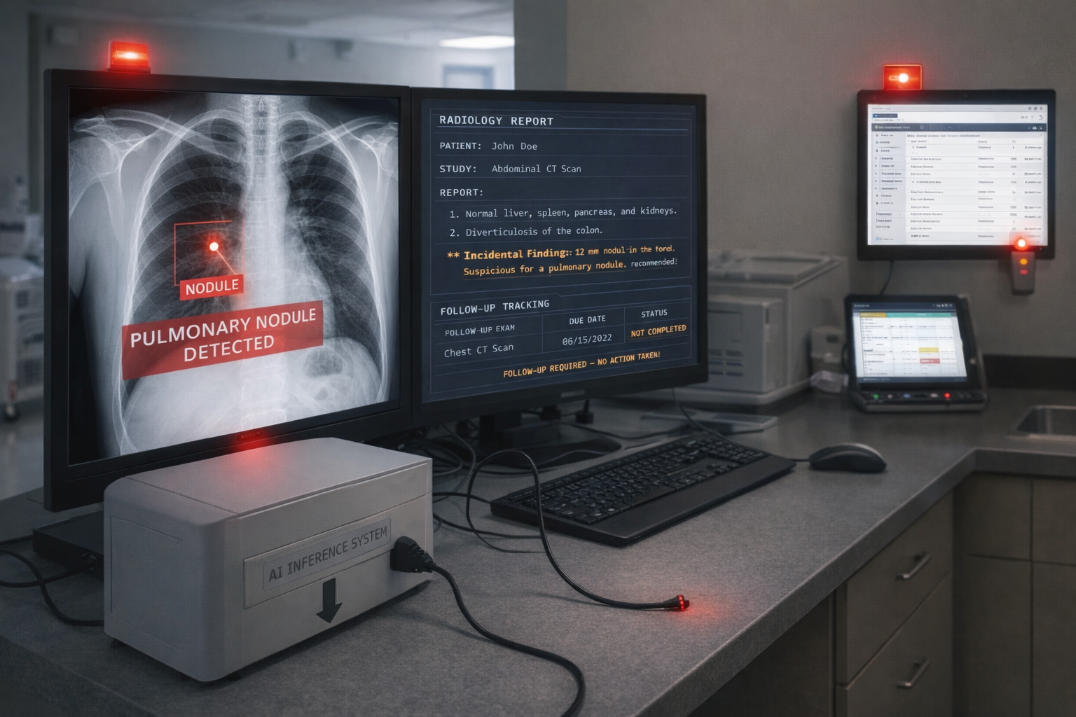A pulmonary nodule was reported on a chest scan; no follow-up was completed