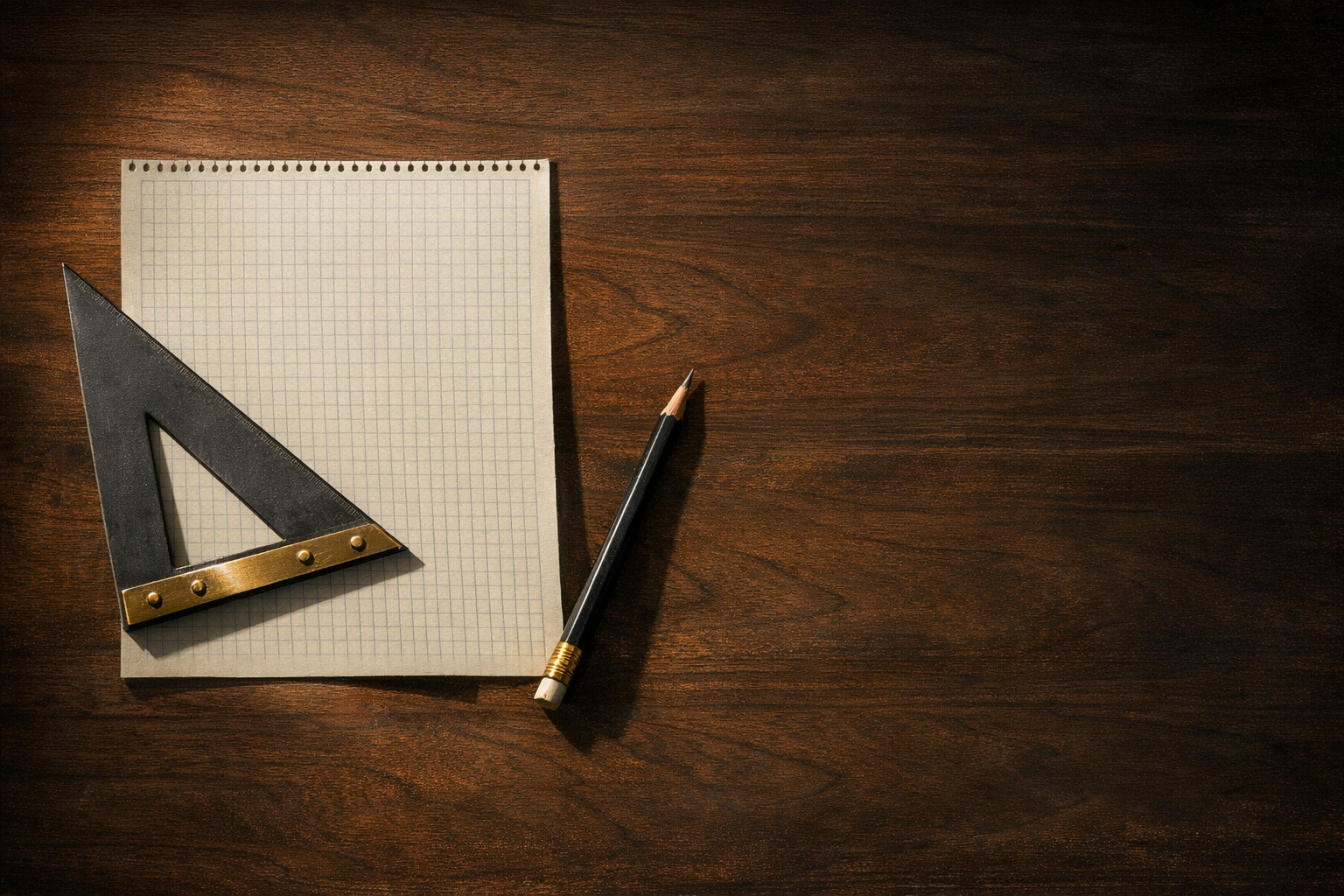 A draughtsman's set square and a sheet of grid paper on dark walnut in low raking light