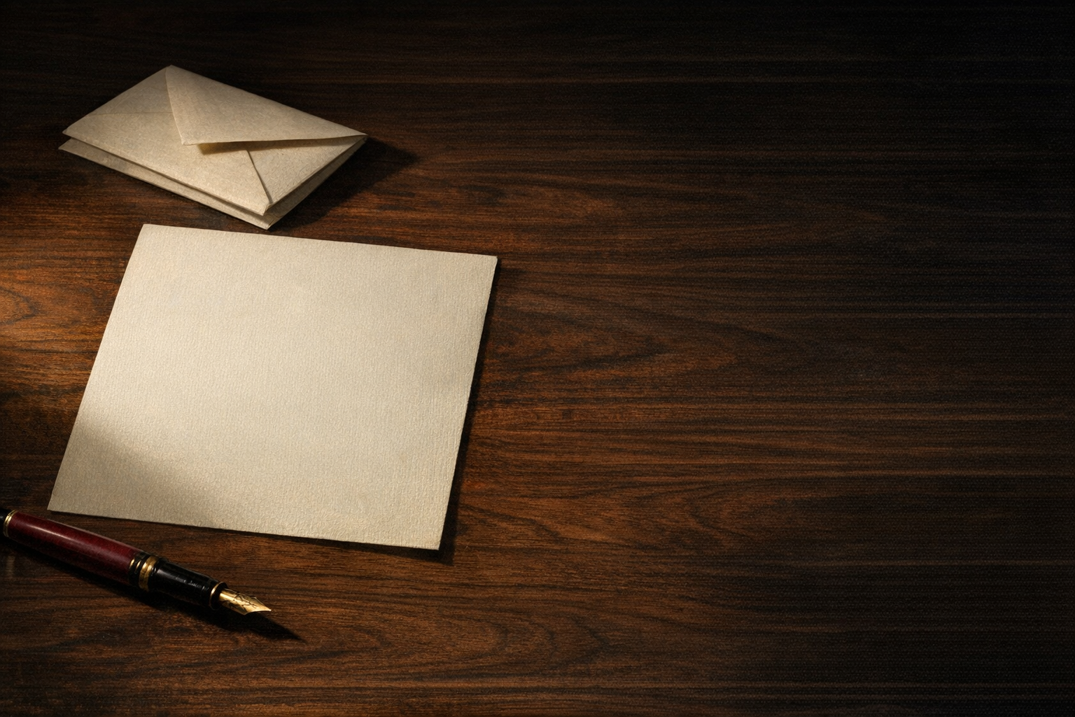 A single sheet of cream laid paper, a folded letter and a fountain pen on a dark walnut desk in low raking light