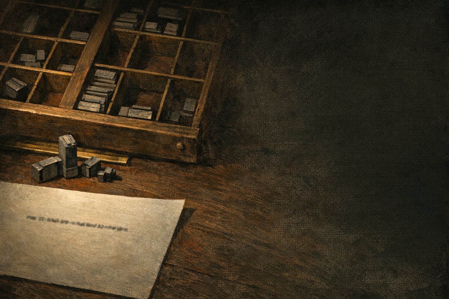 A compositor's type case with lead letterpress sorts and a proof sheet on dark walnut