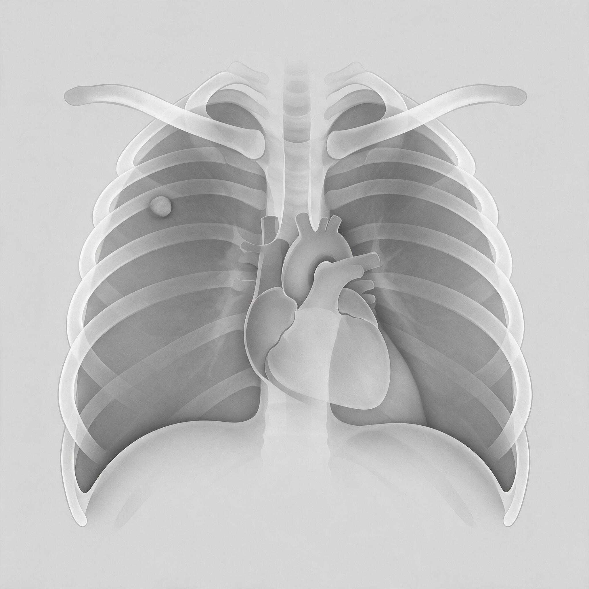 Synthetic chest radiograph illustration, hashed before any model was asked